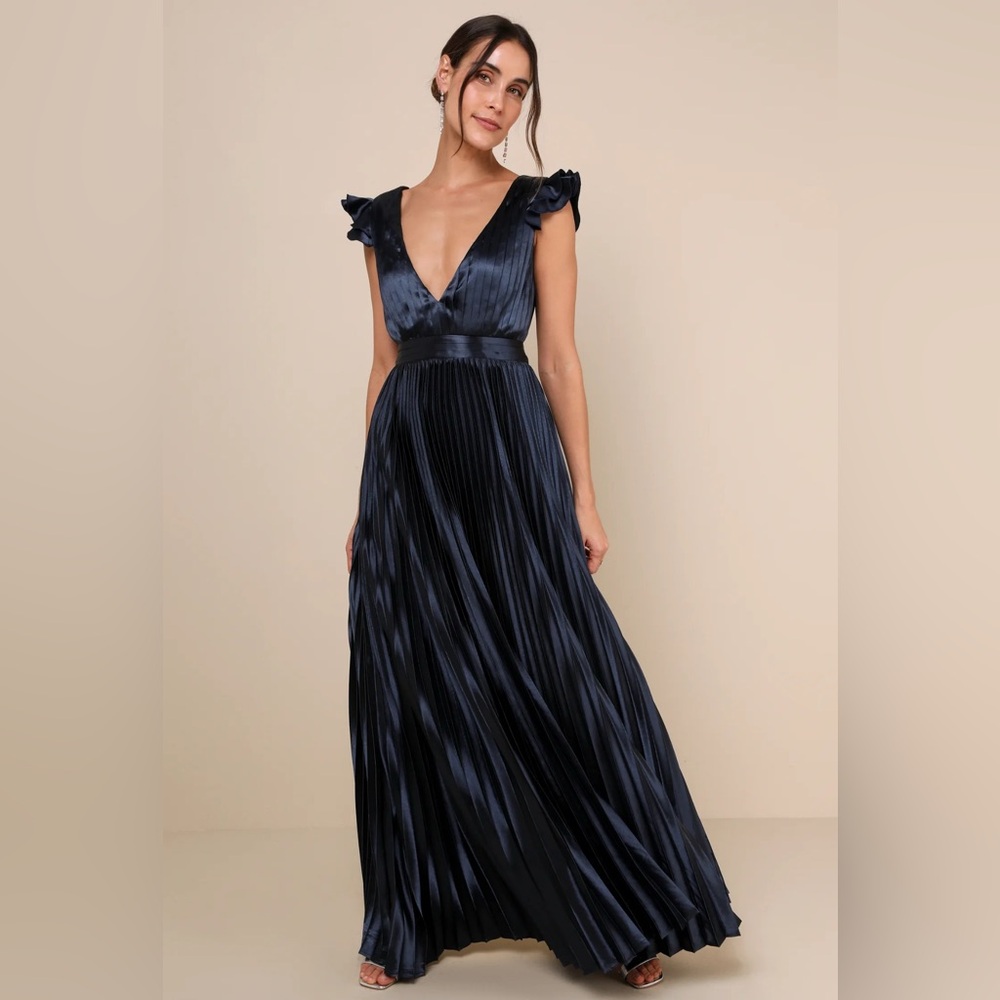 Lulu’s Exceptional Drama Navy Blue Satin Lace-Up Pleated Maxi Dress